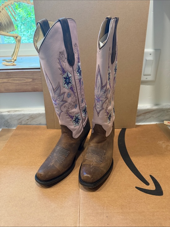 Double H Shoes - Double H Brown Foot Pink Shaft Floral Embroidered Western Heeled Boots